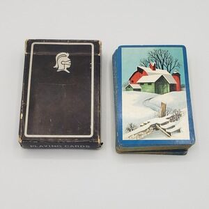 Vtg Arrco Playing Cards Knight Black Box Linen‎ Finish Plastic Coated Winter Pic